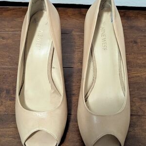 Real Leather Nine West Beige Peep-Toe Heels. Fits 7 To 7.5